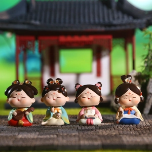 Resin Tang Dynasty Maid Figurines Traditional Chinese Q Version Girl Bobblehead Desktop Ornaments Cute Car Decoration Folk Art Gift
