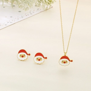 Christmas Santa Claus enamel jewelry set with gold necklace and stud earrings