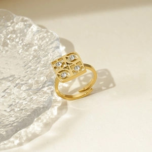 French Luxury Square Hollow Open Ring Adjustable Stainless Steel Gold Plated Geometric Fashion Finger Ring For Women