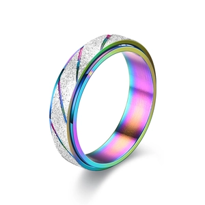 Macro detail of rainbow gradient ring with silver frosted finish and diagonal grooves