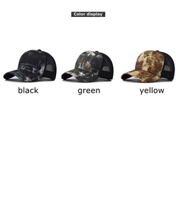 Three gradient mesh trucker hats in black, green, and yellow displayed on white background