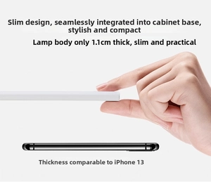 Detail showing the ultra-slim 1.1cm profile of the LED cabinet light compared to an iPhone