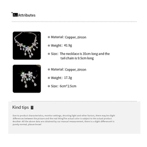 Detailed size and material chart for zircon flower necklace and tassel earrings set