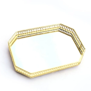 Nordic gold octagon mirrored metal tray with hollow pattern for jewelry and vanity storage