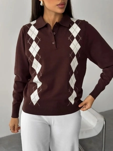 Detail of brown knitted polo shirt showing waffle texture and argyle pattern on fabric