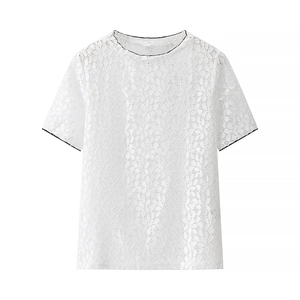Women's short sleeve hollow floral lace knit top with round neck and black trim
