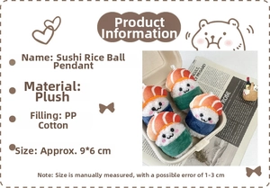 Detail showing plush sushi rice ball pendant with soft fabric and metal keychain