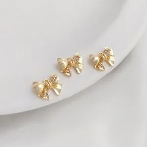14K gold plated 3D bow charm with zircon accents for DIY jewelry making and crafts