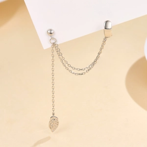 Elegant S925 sterling silver leaf tassel ear cuff with minimalist double chain design