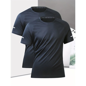 Detail of navy blue moisture-wicking fabric and raglan sleeves on men sport t-shirts