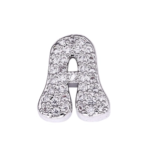 Detailed view of silver cursive letter A pendant with sparkling zircon pavé setting