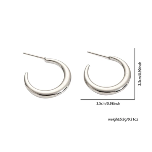 Silver C-shaped earrings detail showing dimensions of 2.3cm height and 5.9g weight