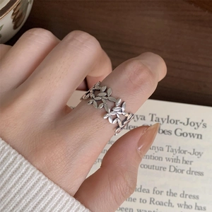 Vintage 925 Sterling Silver Ring Hollow Leaf Flower Open Adjustable Design Retro Oxidized Band For Women Girls Jewelry