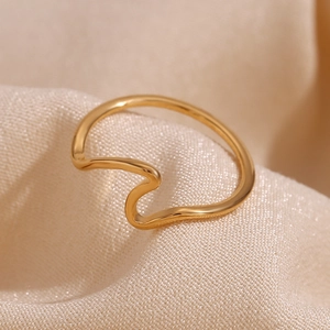 Detailed view of an 18K gold plated stainless steel ring with a modern wavy design