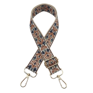Ethnic style embroidered shoulder strap with vintage patterns and gold metal buckles