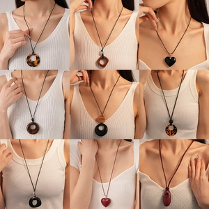 Alloy Resin Glass Geometric Heart Circle Pendant Long Necklace Women Vintage Adjustable Cord Sweater Chain