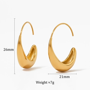 Polished gold stainless steel C-shape hoop earrings with size and weight dimensions