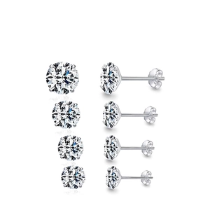 Sparkling S925 sterling silver stud earrings with round cubic zirconia in four sizes
