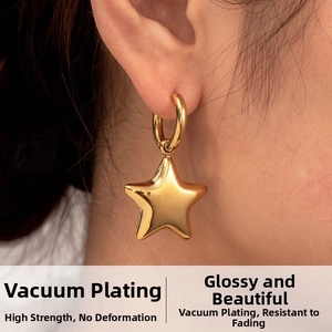 Close-up of a minimalist gold star drop earring worn by a model in a modern style