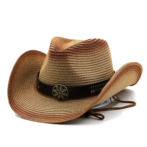 Detail of gradient straw cowboy hat featuring sunflower metal buckle and leather band