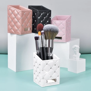 Quilted leather makeup brush holders with rhinestones and metal plates in four colors