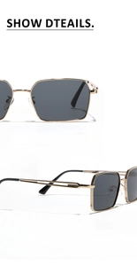 Detailed macro view of rectangle metal frame sunglasses with hollowed temples and grey lenses