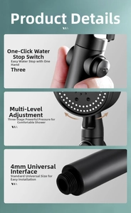 Matte black handheld shower head with three spray modes and one-key water stop button