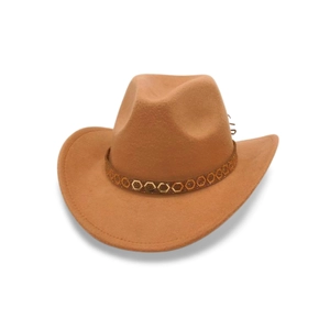 Close-up of western felt hat crown with decorative brown band and honeycomb patterns