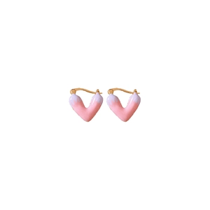 Minimalist pink and white heart-shaped drop oil hoop earrings with golden finish