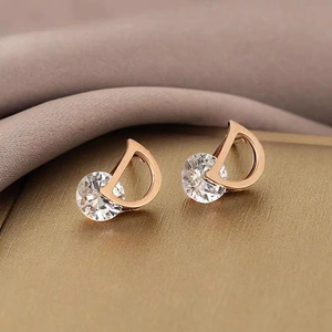Elegant D-letter earrings with round clear zircon stones in rose gold finish for women