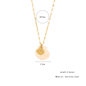 Detailed view of sea shell pendant on gold chain with size and weight measurements
