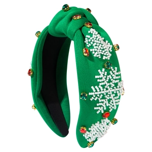 Grüner Stoff-Haarreif für Weihnachten mit handgenähten Perlen-Schneeflocken und Steinen