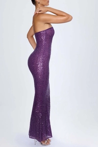 Detailed side view of purple sequined tube top evening gown with slim fit mermaid cut