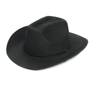 Detailed close-up showing the fine straw weave texture and cord of the black cowboy hat