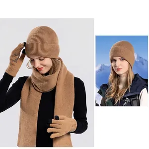 Three-piece camel knitted winter set with warm hat, scarf and touchscreen gloves