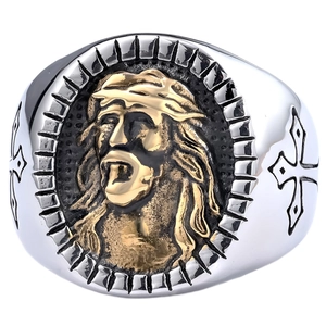 Vintage stainless steel signet ring with oval Jesus portrait and cross engraving