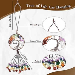 Macro detail of natural gemstones and copper wire weave on Tree of Life car charm