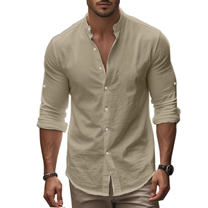 Detail of khaki cotton linen shirt texture featuring a stand collar and white buttons
