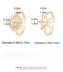 Detailed size chart showing dimensions for sun and star shaped adjustable copper rings