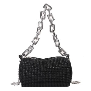 Sparkly black rhinestone small square handbag with chunky silver metal chain strap