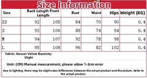 Size guide table for women velvet strapless dress with measurements in centimeters