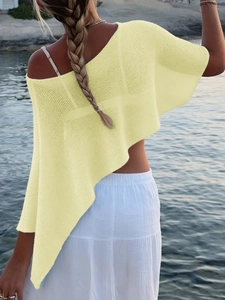 Women's asymmetrical yellow knit shawl top with one-shoulder design for beach vacation