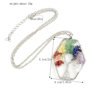 Handmade tree of life necklace with natural multicolor crystals in hexagonal frame