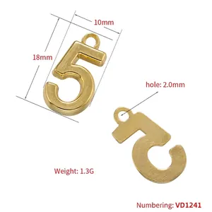 Polished 18K gold plated number 5 pendant with dimensions and weight on white background