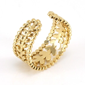 French vintage 18K gold plated stainless steel hollow leaf adjustable open ring for women