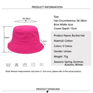 Unisex washed cotton bucket hat in rose red featuring size guide and 56-58cm measurement