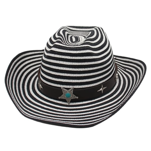 Striped wide-brim jazz straw hat with leather belt and star detail for summer beach travel