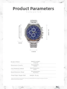 Detaillierte Spezifikationen der silbernen Herrenuhr mit blauem Zifferblatt und Metallband