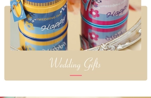 Detail view of round tinplate gift boxes with Wedding Day print on a reflective surface