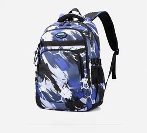 Detail of fashion backpack with camo print, padded straps and mesh side pockets
